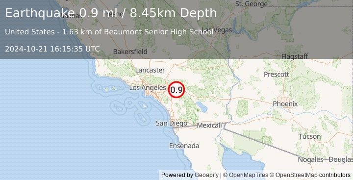 Earthquake 4 km NE of Beaumont, CA (0.9 ml) (2024-10-21 16:15:35 UTC)