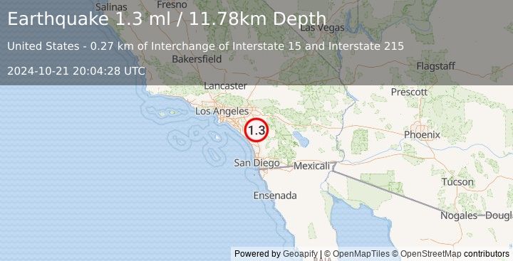 Earthquake 2 km SW of Murrieta Hot Springs, CA (1.3 ml) (2024-10-21 20:04:28 UTC)