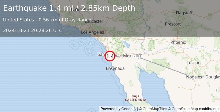 Earthquake 6 km ESE of Chula Vista, CA (1.4 ml) (2024-10-21 20:28:26 UTC)