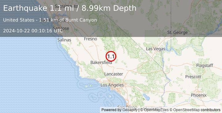 Earthquake 10 km ESE of Kernville, CA (1.1 ml) (2024-10-22 00:10:16 UTC)