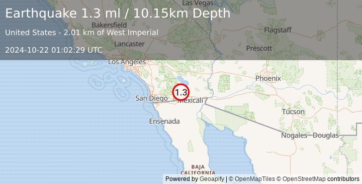 Earthquake 25 km NNE of Ocotillo, CA (1.3 ml) (2024-10-22 01:02:29 UTC)