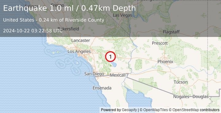 Earthquake 18 km NE of Thermal, CA (1.0 ml) (2024-10-22 03:22:58 UTC)