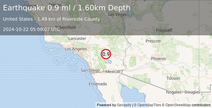 Earthquake 17 km NE of Thermal, CA (0.9 ml) (2024-10-22 05:00:07 UTC)