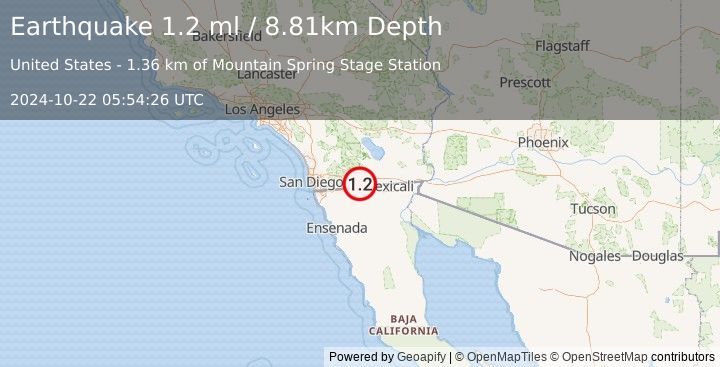 Earthquake 11 km WSW of Ocotillo, CA (1.2 ml) (2024-10-22 05:54:26 UTC)