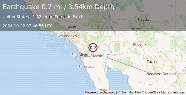 Earthquake 12 km SW of Salton City, CA (0.7 ml) (2024-10-22 07:46:56 UTC)