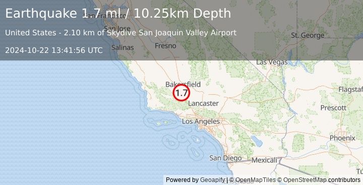 Earthquake 21 km NW of Grapevine, CA (1.7 ml) (2024-10-22 13:41:56 UTC)