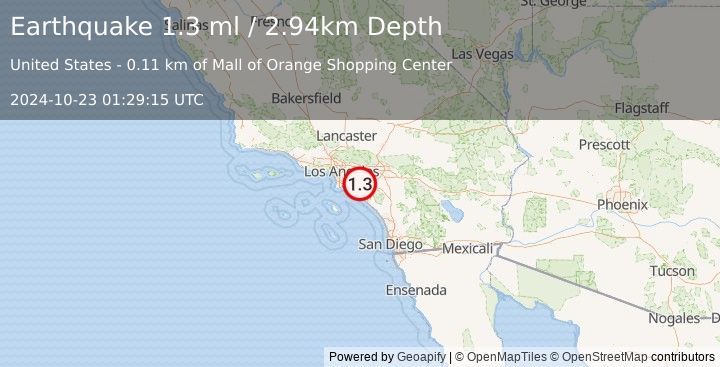 Earthquake 3 km N of Orange, CA (1.3 ml) (2024-10-23 01:29:15 UTC)