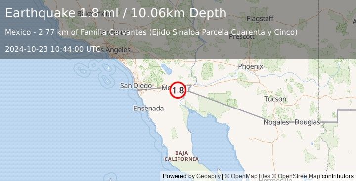 Earthquake 7 km SE of Puebla, B.C., MX (1.8 ml) (2024-10-23 10:44:00 UTC)