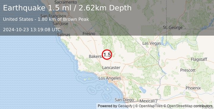 Earthquake 13 km SSE of Bodfish, CA (1.5 ml) (2024-10-23 13:19:08 UTC)