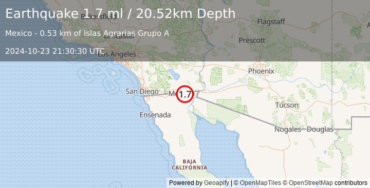 Earthquake 6 km NNE of Puebla, B.C., MX (1.7 ml) (2024-10-23 21:30:30 UTC)