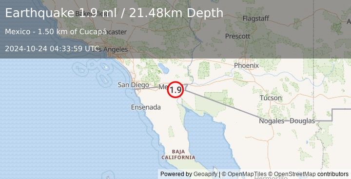 Earthquake 9 km ESE of Puebla, B.C., MX (1.9 ml) (2024-10-24 04:33:59 UTC)