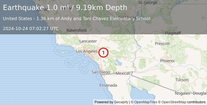 Earthquake 4 km NNE of Beaumont, CA (1.0 ml) (2024-10-24 07:02:27 UTC)