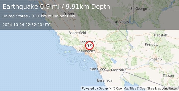 Earthquake 7 km SSW of Pearblossom, CA (0.9 ml) (2024-10-24 22:52:20 UTC)