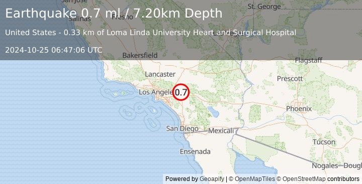 Earthquake 4 km E of Loma Linda, CA (0.7 ml) (2024-10-25 06:47:06 UTC)