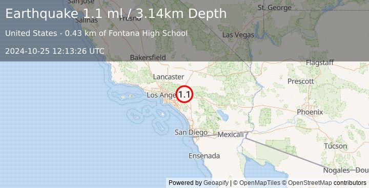 Earthquake 2 km SSE of Fontana, CA (1.1 ml) (2024-10-25 12:13:26 UTC)