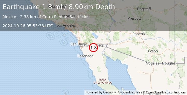 Earthquake 30 km SSE of Ocotillo, CA (1.8 ml) (2024-10-26 05:53:38 UTC)