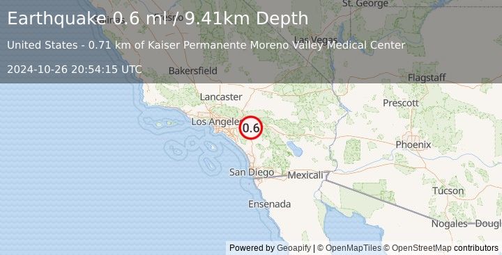 Earthquake 6 km SE of Moreno Valley, CA (0.6 ml) (2024-10-26 20:54:15 UTC)