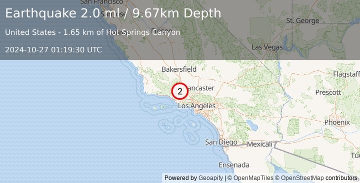 Earthquake 19 km NNW of Fillmore, CA (2.0 ml) (2024-10-27 01:19:30 UTC)