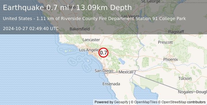 Earthquake 6 km SSE of Moreno Valley, CA (0.7 ml) (2024-10-27 02:49:40 UTC)