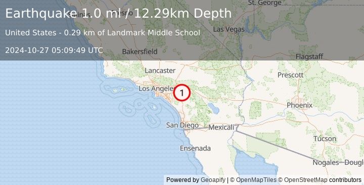 Earthquake 5 km SE of Moreno Valley, CA (1.0 ml) (2024-10-27 05:09:49 UTC)