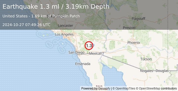 Earthquake 12 km SW of Salton City, CA (1.3 ml) (2024-10-27 07:49:26 UTC)