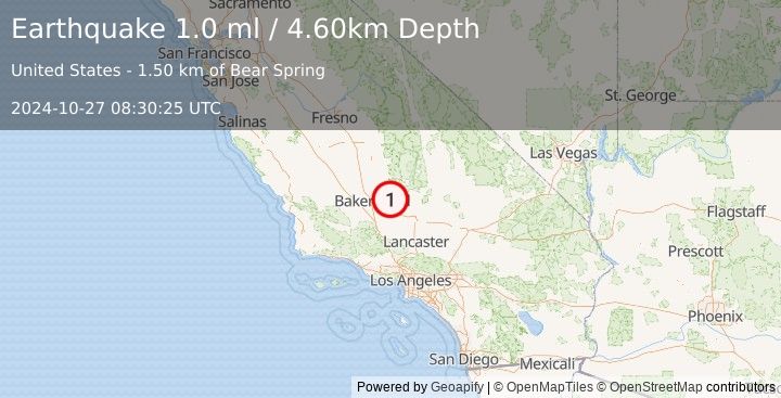 Earthquake 25 km SW of Bodfish, CA (1.0 ml) (2024-10-27 08:30:25 UTC)