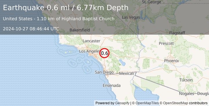 Earthquake 8 km E of Moreno Valley, CA (0.6 ml) (2024-10-27 08:46:44 UTC)