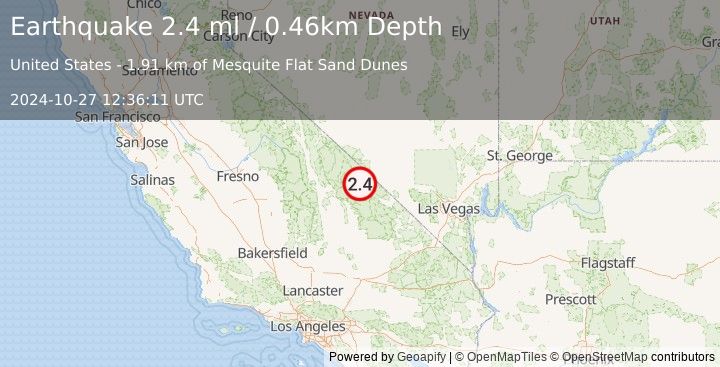 Earthquake 5 km E of Stovepipe Wells, CA (2.4 ml) (2024-10-27 12:36:11 UTC)