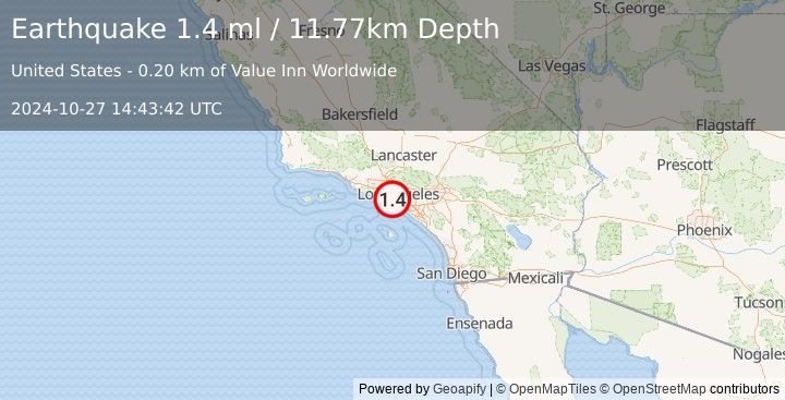 Earthquake 1 km NNW of Lennox, CA (1.4 ml) (2024-10-27 14:43:42 UTC)