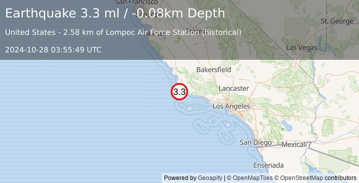 Earthquake 9 km SW of Lompoc, CA (3.3 ml) (2024-10-28 03:55:49 UTC)