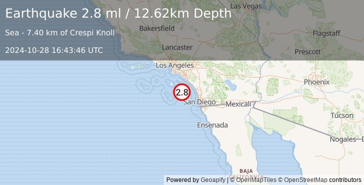 Earthquake 47 km NE of San Clemente Is. (SE tip), CA (2.8 ml) (2024-10-28 16:43:46 UTC)