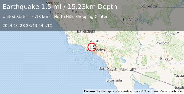 Earthquake 2 km S of Granada Hills, CA (1.5 ml) (2024-10-28 23:43:54 UTC)