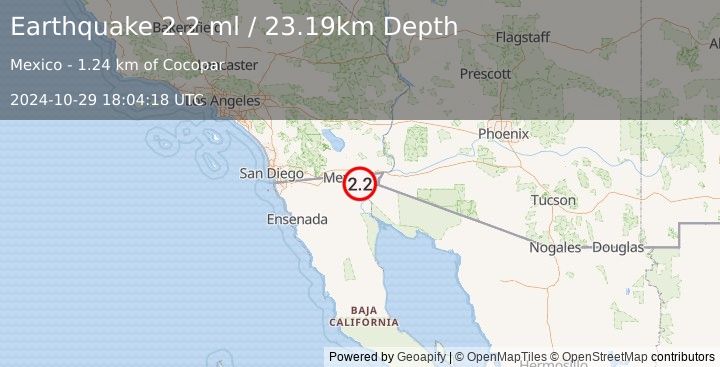 Earthquake 13 km ESE of Puebla, B.C., MX (2.2 ml) (2024-10-29 18:04:18 UTC)