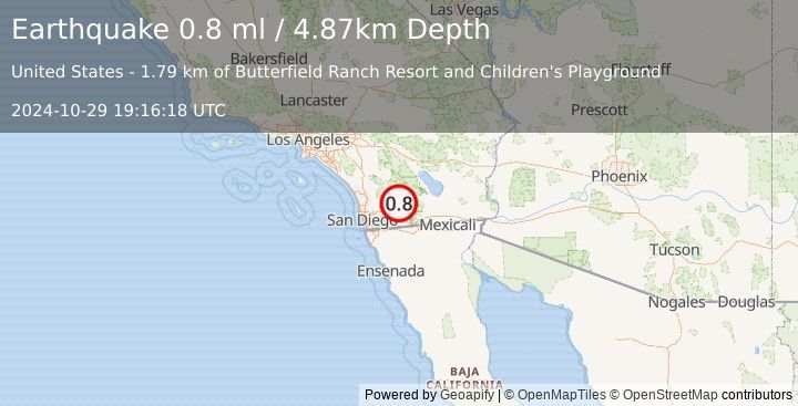 Earthquake 18 km ESE of Julian, CA (0.8 ml) (2024-10-29 19:16:18 UTC)