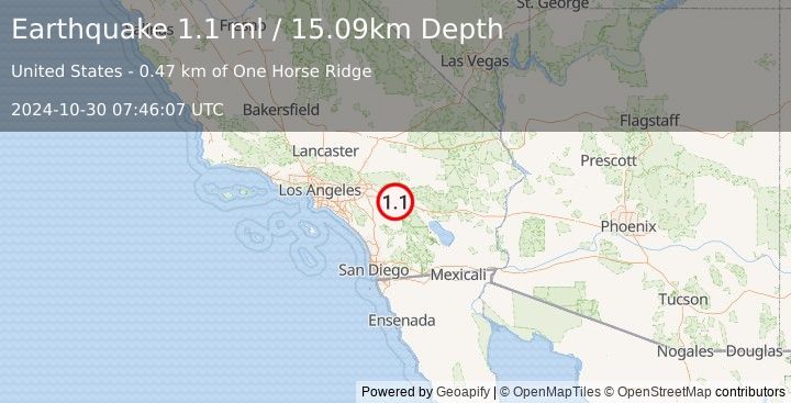 Earthquake 9 km SE of Cabazon, CA (1.1 ml) (2024-10-30 07:46:07 UTC)