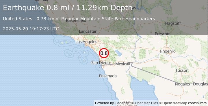 Earthquake 4 km SW of Palomar Observatory, CA (0.8 ml) (2025-05-20 19:17:23 UTC)