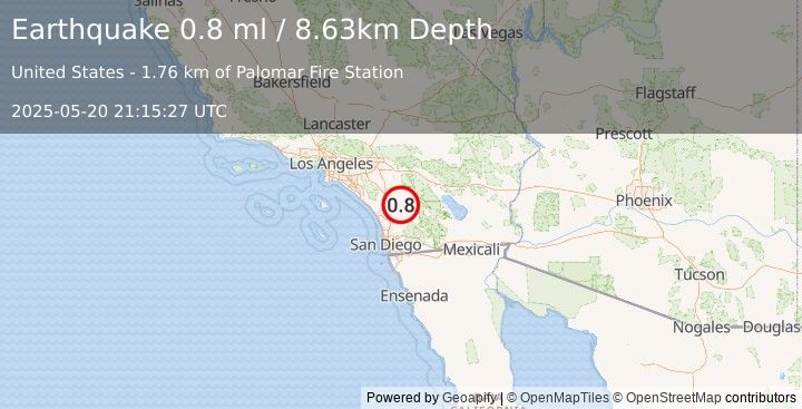 Earthquake 2 km N of Palomar Observatory, CA (0.8 ml) (2025-05-20 21:15:27 UTC)