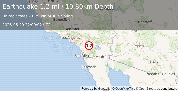 Earthquake 12 km SSE of Anza, CA (1.2 ml) (2025-05-20 22:09:02 UTC)