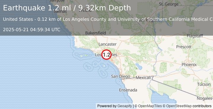 Earthquake 4 km S of Highland Park, CA (1.1 ml) (2025-05-21 04:59:35 UTC)