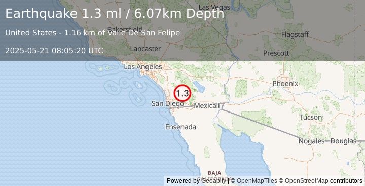 Earthquake 7 km ENE of Julian, CA (1.3 ml) (2025-05-21 08:05:20 UTC)