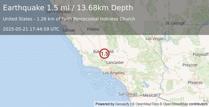 Earthquake 2 km SW of Lamont, CA (1.5 ml) (2025-05-21 17:44:59 UTC)