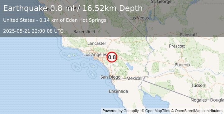 Earthquake 8 km WSW of Beaumont, CA (0.8 ml) (2025-05-21 22:00:08 UTC)