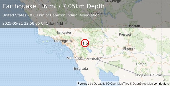 Earthquake 17 km N of Indio, CA (1.6 ml) (2025-05-21 22:58:35 UTC)