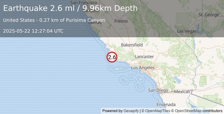 Earthquake 5 km NE of Lompoc, CA (2.6 ml) (2025-05-22 12:27:04 UTC)