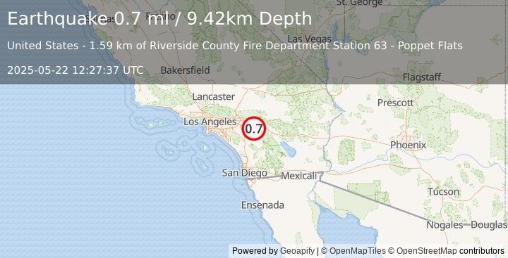 Earthquake 8 km S of Banning, CA (0.7 ml) (2025-05-22 12:27:37 UTC)