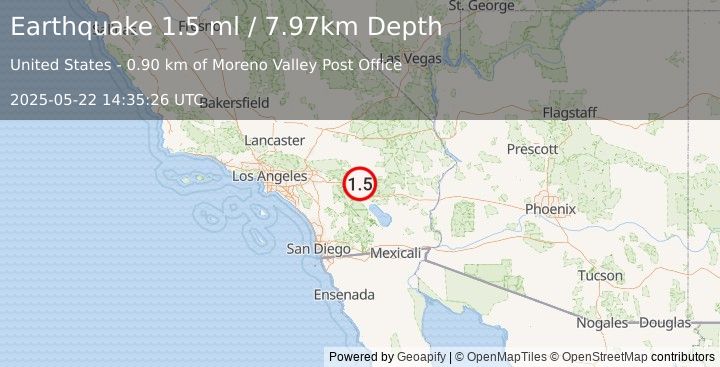 Earthquake 16 km NE of Thousand Palms, CA (1.5 ml) (2025-05-22 14:35:26 UTC)