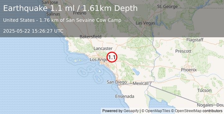 Earthquake 8 km S of Lytle Creek, CA (1.1 ml) (2025-05-22 15:26:27 UTC)