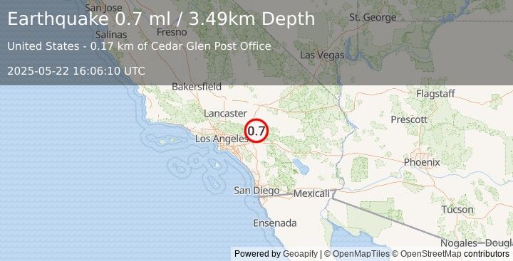 Earthquake 2 km ENE of Lake Arrowhead, CA (0.7 ml) (2025-05-22 16:06:10 UTC)