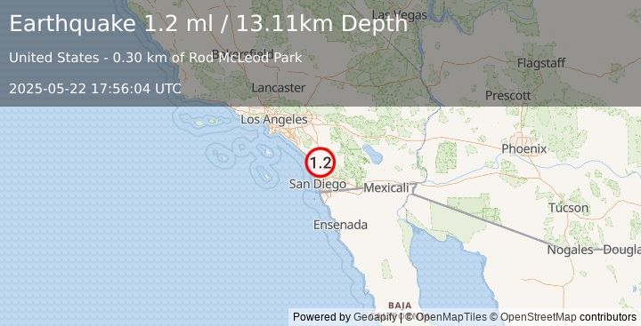 Earthquake 3 km NNW of Escondido, CA (1.2 ml) (2025-05-22 17:56:04 UTC)