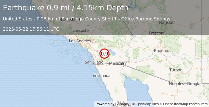 Earthquake 1 km WSW of Borrego Springs, CA (0.9 ml) (2025-05-22 17:56:11 UTC)